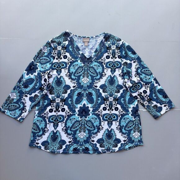 Chico's Top Women XL/16 Blue Beaded Floral V-Neck 3/4 Sleeves Cotton Modal Boho - Picture 1 of 10